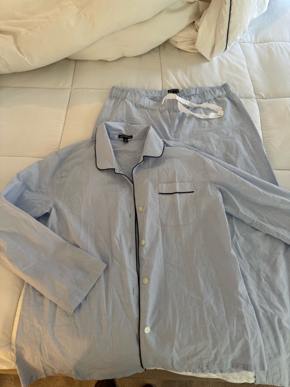 JCrew Light Blue with Navy Piping Menswear style shirt and pants pajamas